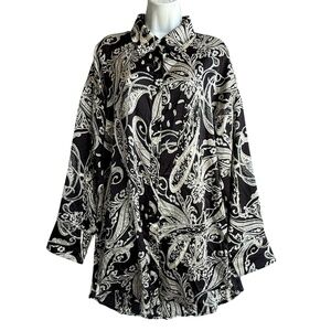 ACOA Black Paisley Tunic Top Women's Size L Long Sleeve Button-Up Blouse